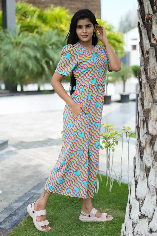 Zipless Feeding Maternity Wear with Puff Sleeve Wave Blue Heart