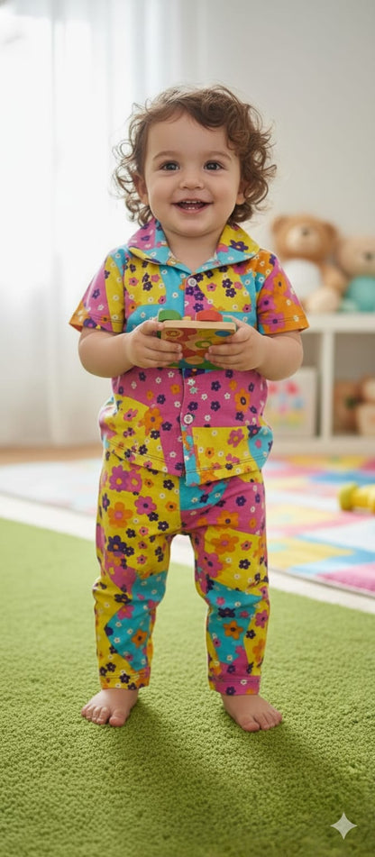 Colorful Floral Patch Kids Nightsuit Set