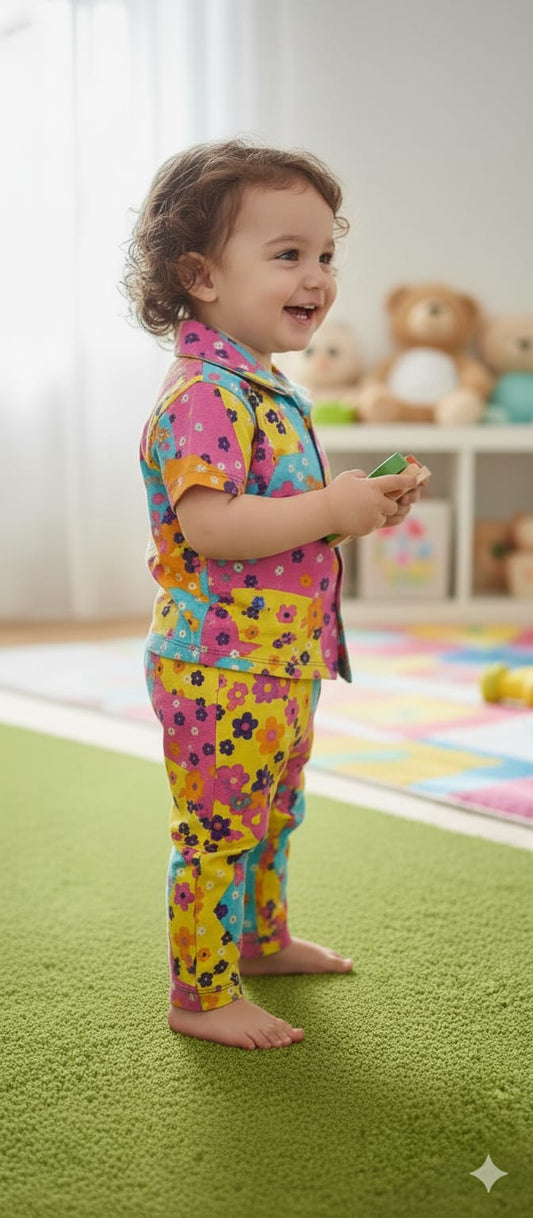 Colorful Floral Patch Kids Nightsuit Set