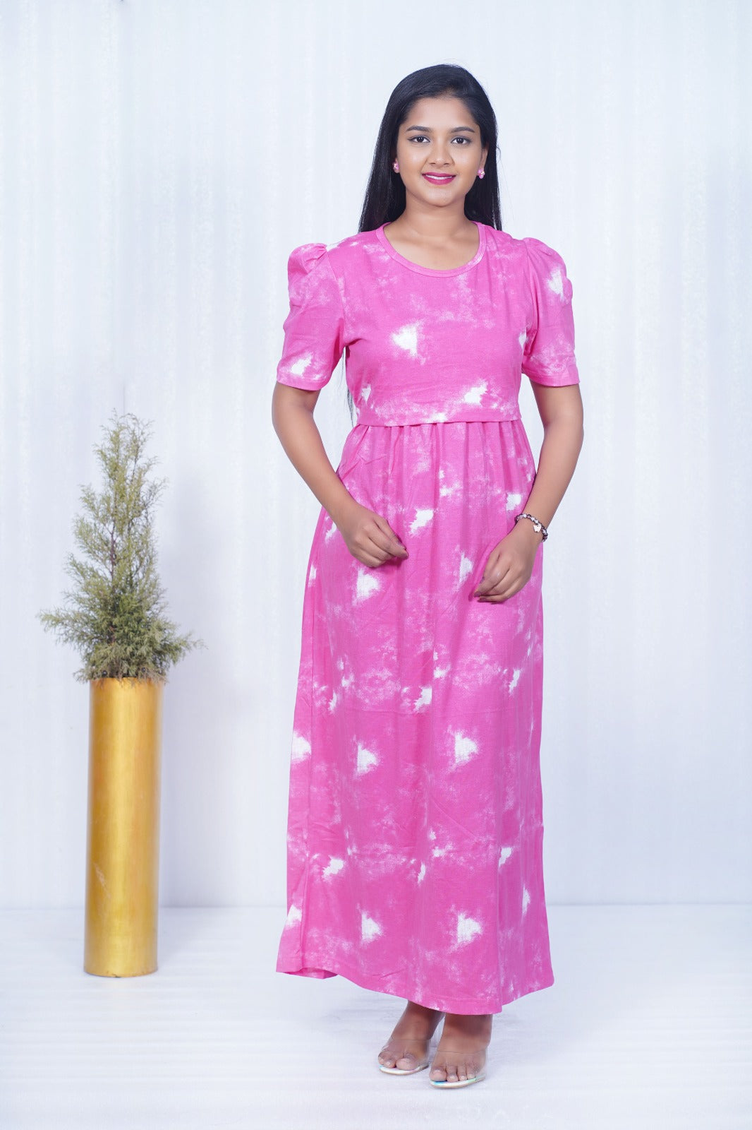 Zipless Feeding Maternity Gown- Puff sleeve 52 inches