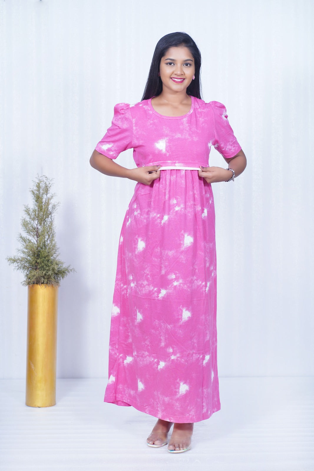 Zipless Feeding Maternity Gown- Puff sleeve 52 inches