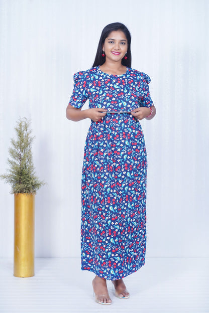 Zipless Feeding Maternity Gown- Puff sleeve 52 inches