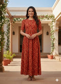 Zipless Feeding Maternity Gown Rust Floral  - Puff sleeve 52 inches