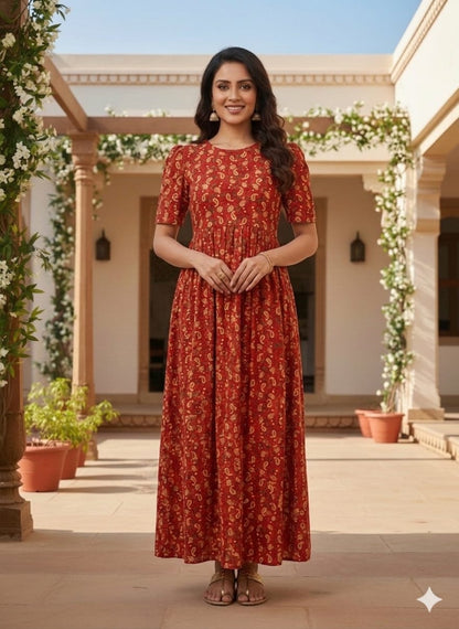 Zipless Feeding Maternity Gown Rust Floral  - Puff sleeve 52 inches