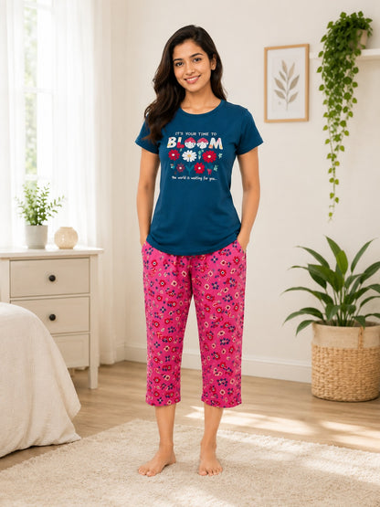 Bloom Cotton Capri Night Suit for Women | Soft Lounge Wear