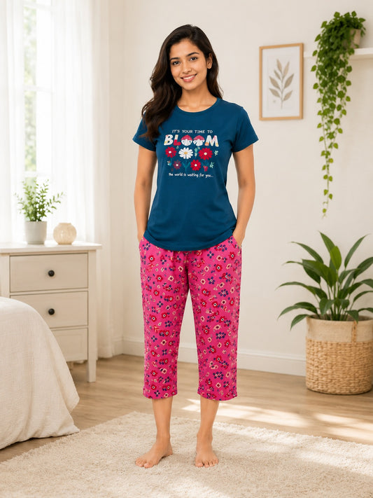 Bloom Cotton Capri Night Suit for Women | Soft Lounge Wear