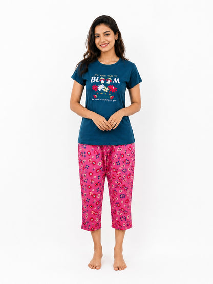 Bloom Cotton Capri Night Suit for Women | Soft Lounge Wear