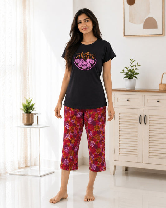 Hello Summer Cotton Capri Night Suit for Women | Soft Lounge Wear