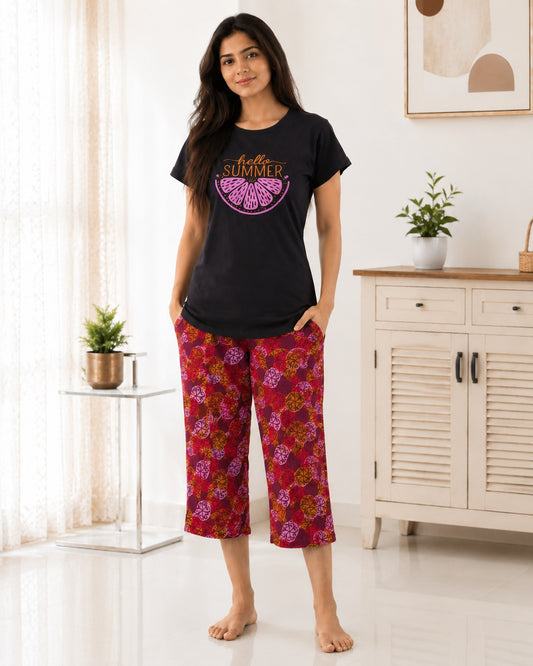 Hello Summer Cotton Capri Night Suit for Women | Soft Lounge Wear