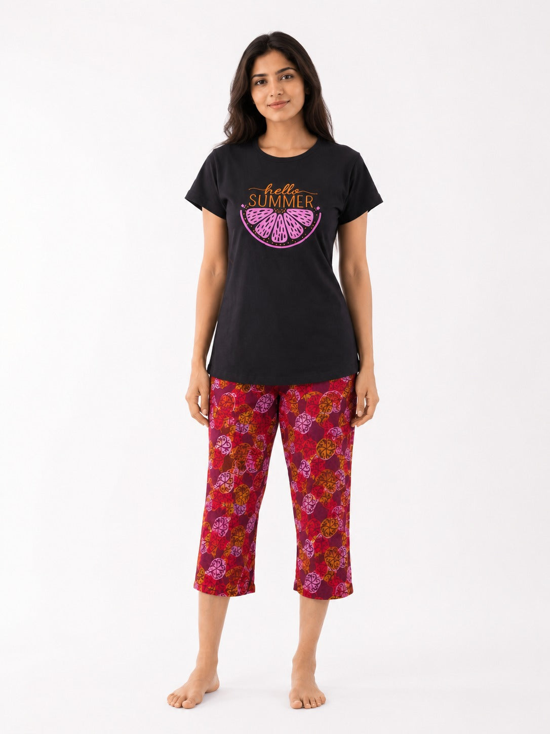 Hello Summer Cotton Capri Night Suit for Women | Soft Lounge Wear