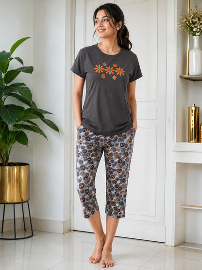 Bloom Daisy Cotton Capri Night Suit for Women | Soft Lounge Wear