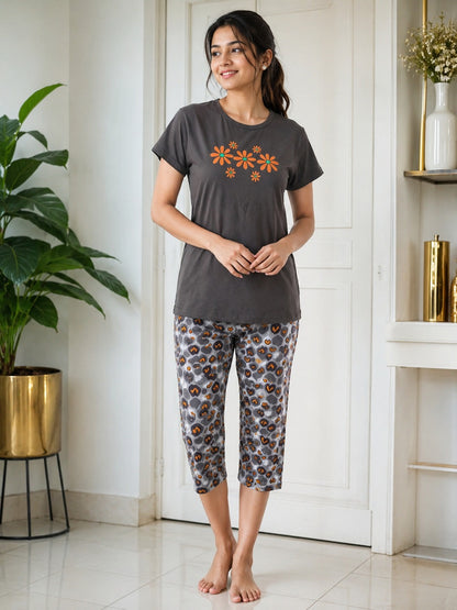 Bloom Daisy Cotton Capri Night Suit for Women | Soft Lounge Wear