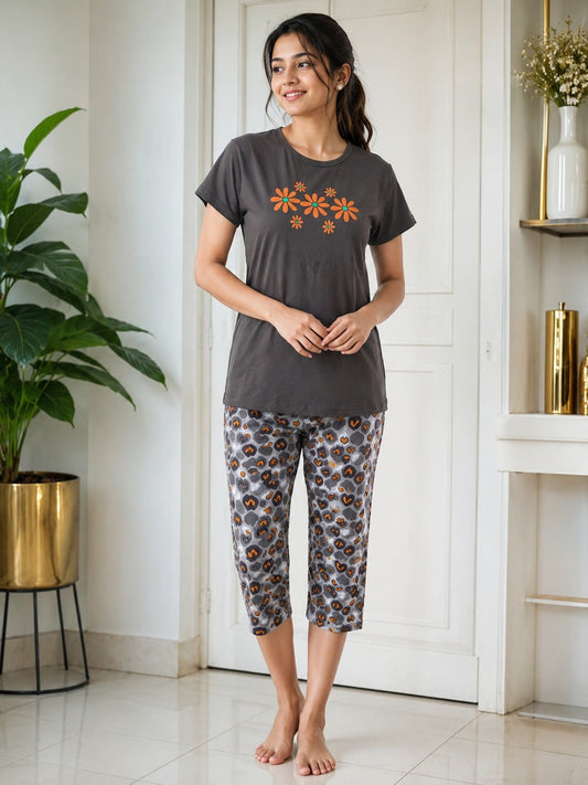 Bloom Daisy Cotton Capri Night Suit for Women | Soft Lounge Wear