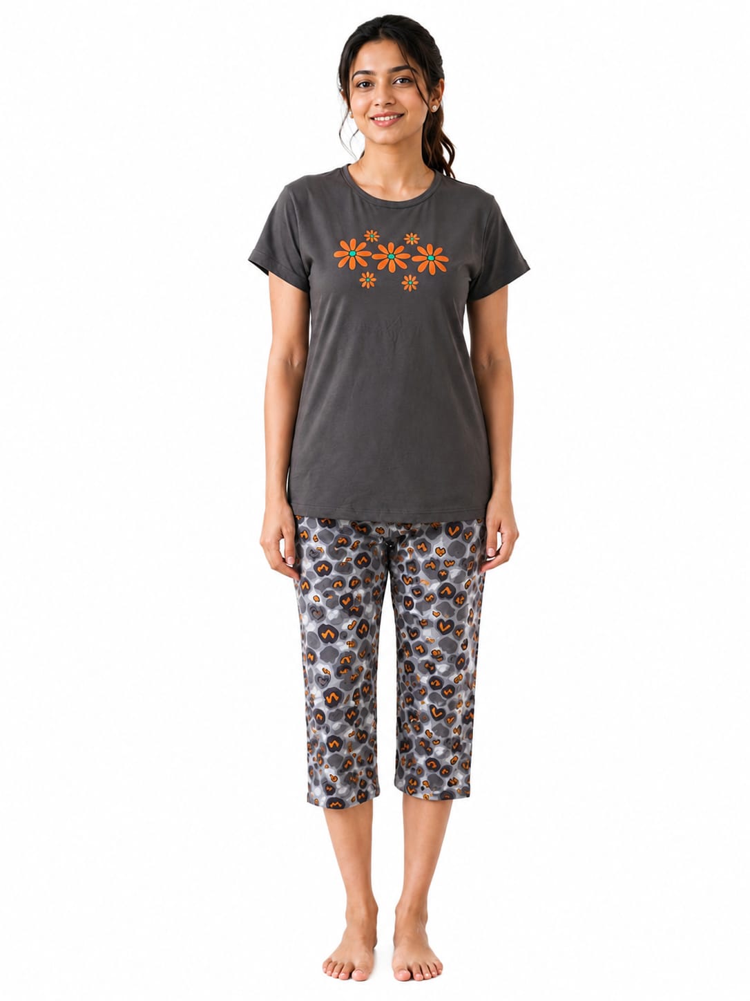 Bloom Daisy Cotton Capri Night Suit for Women | Soft Lounge Wear
