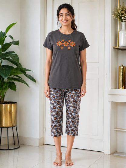 Bloom Daisy Cotton Capri Night Suit for Women | Soft Lounge Wear