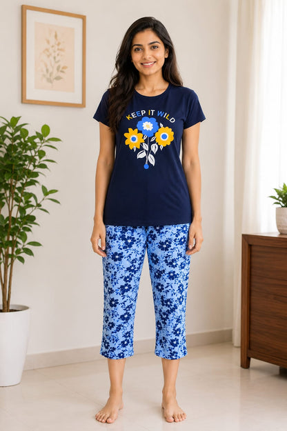 Keep It Wild Cotton Capri Night Suit for Women | Soft Lounge Wear