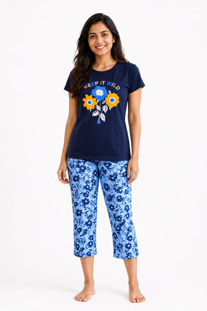 Keep It Wild Cotton Capri Night Suit for Women | Soft Lounge Wear