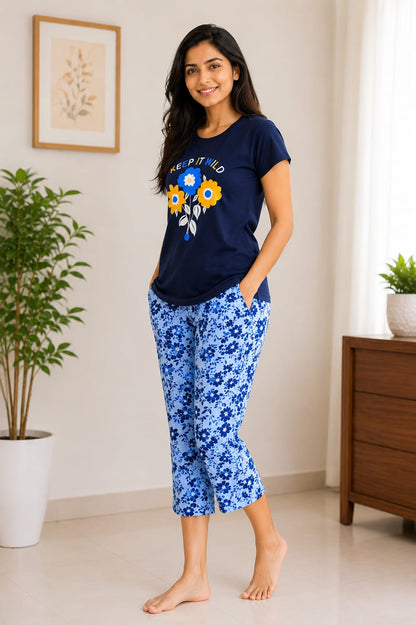 Keep It Wild Cotton Capri Night Suit for Women | Soft Lounge Wear