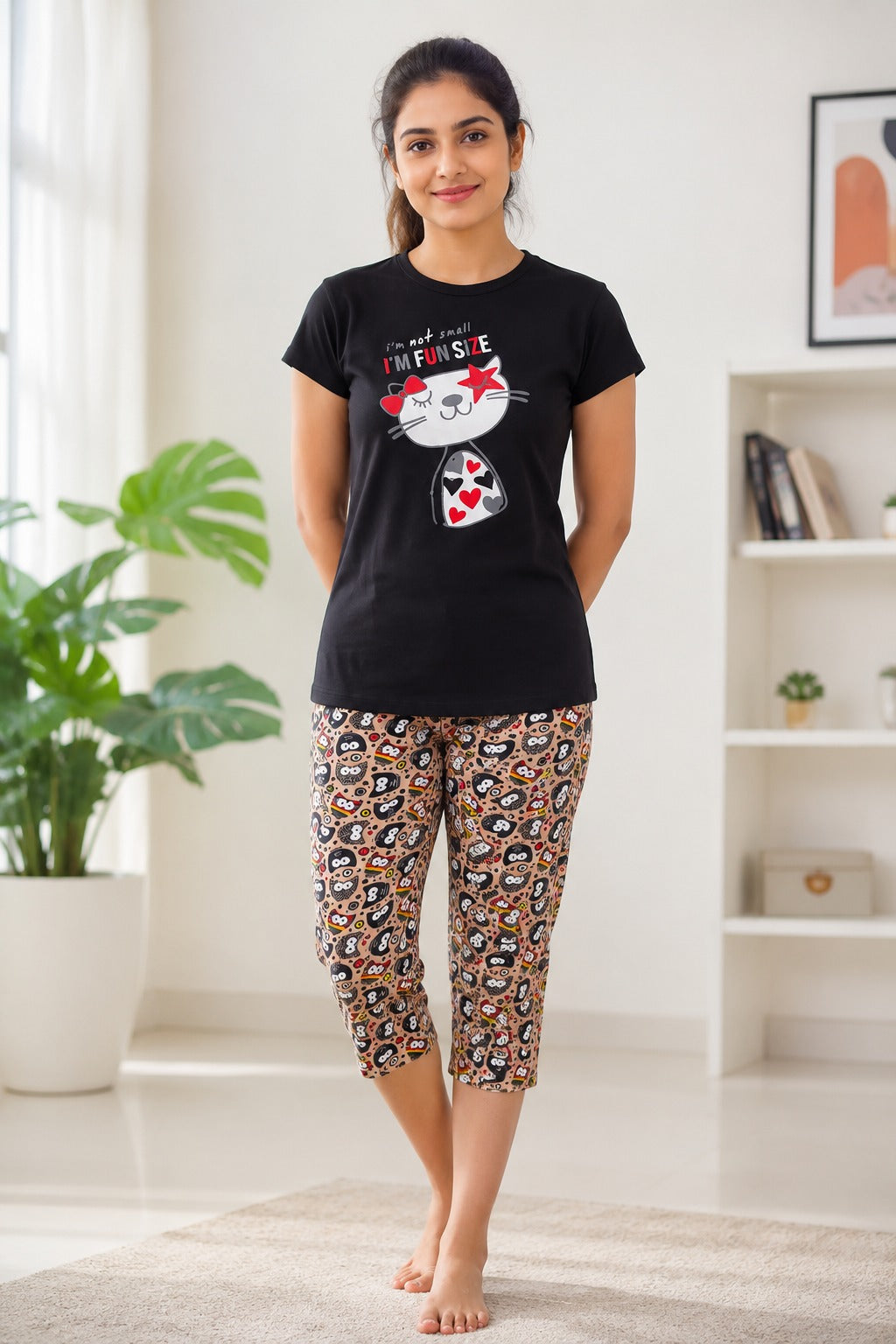 Fun Size Cat Cotton Capri Night Suit for Women | Soft Lounge Wear