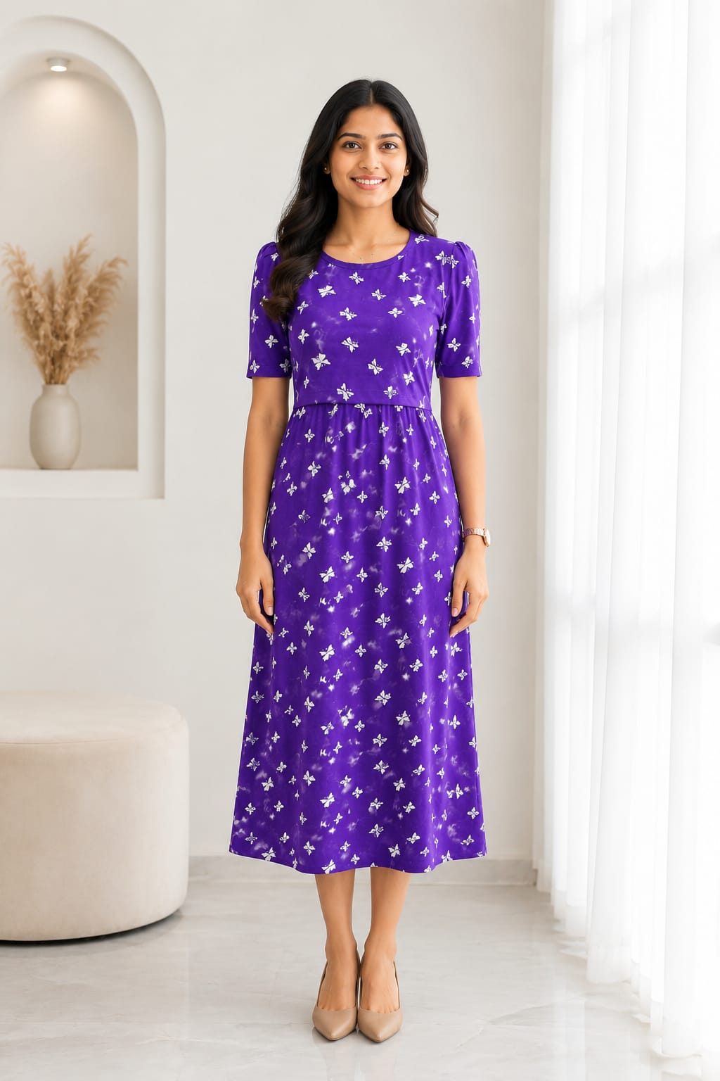 Capri Feeding Wear with Puff Sleeve Purple Butterfly