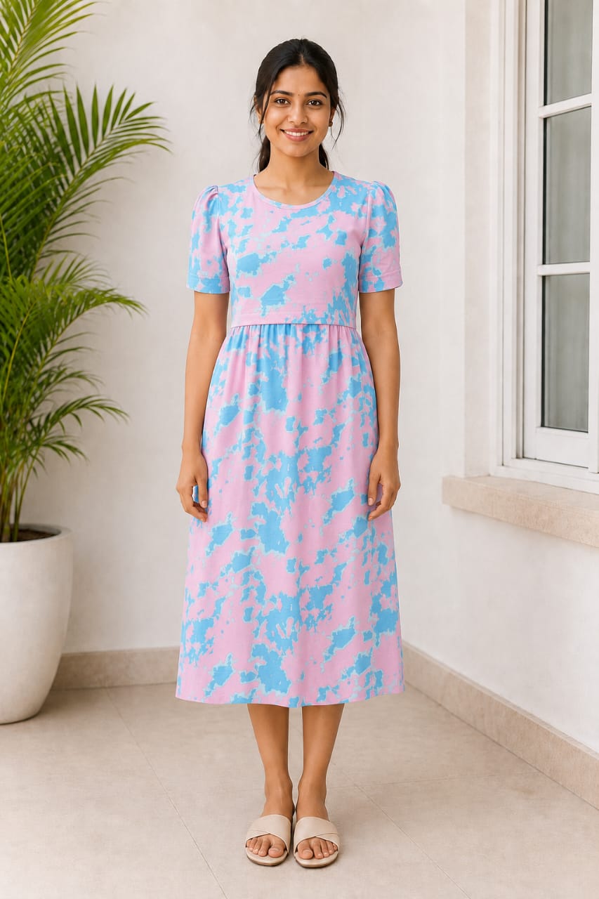 Capri Feeding Wear with Puff Sleeve Pink Blue Dyed