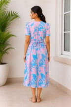 Capri Feeding Wear with Puff Sleeve Pink Blue Dyed