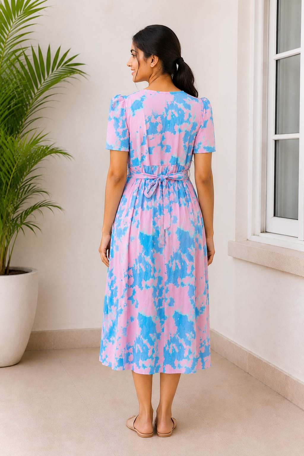 Capri Feeding Wear with Puff Sleeve Pink Blue Dyed