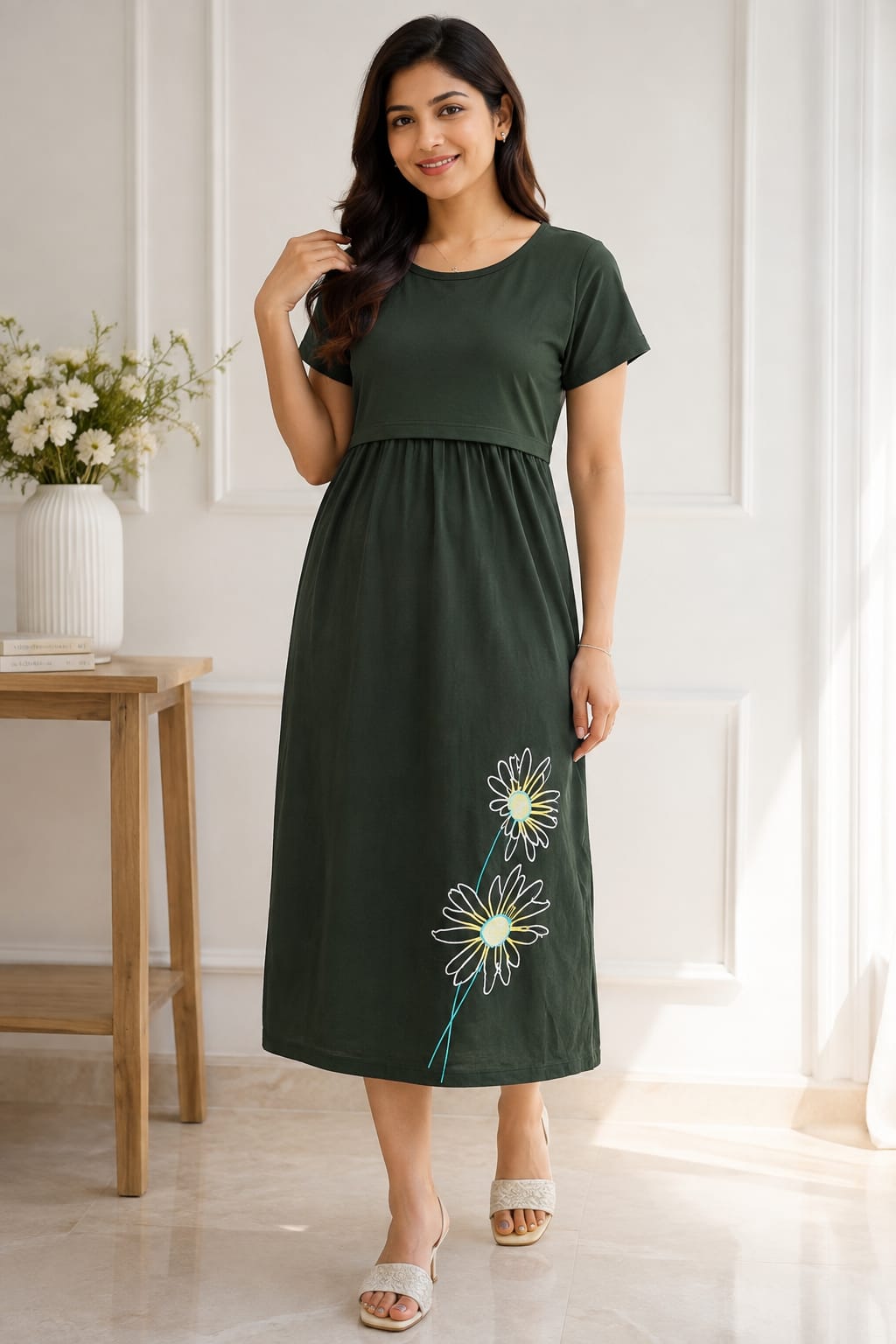 Capri Feeding Wear without Puff Sleeve Plain B green Floral