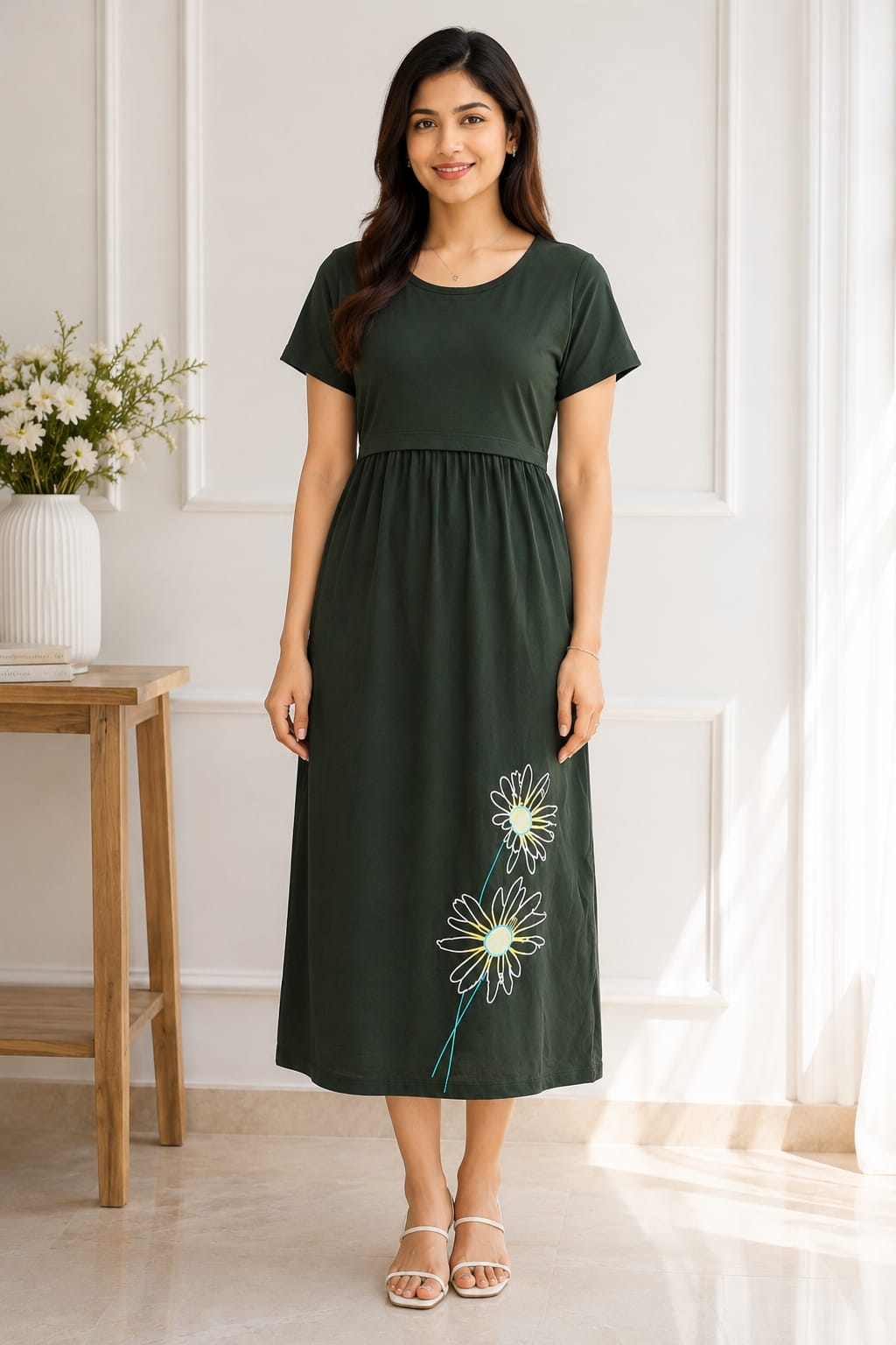 Capri Feeding Wear without Puff Sleeve Plain B green Floral