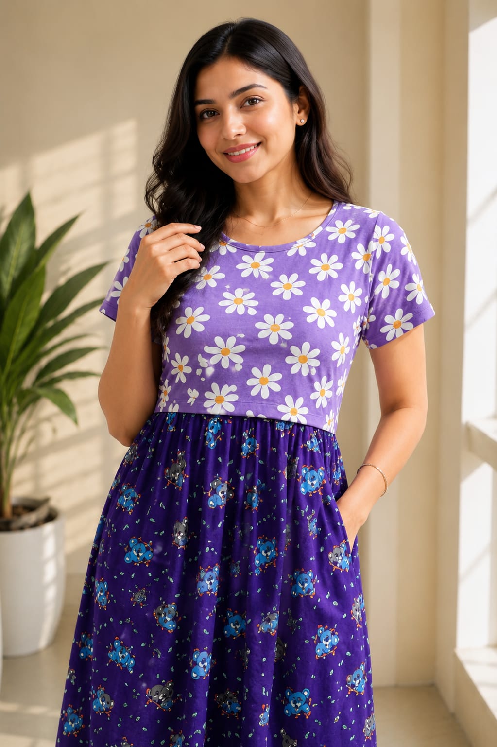 Capri Feeding Wear without Puff Sleeve Purple Koala Daisy