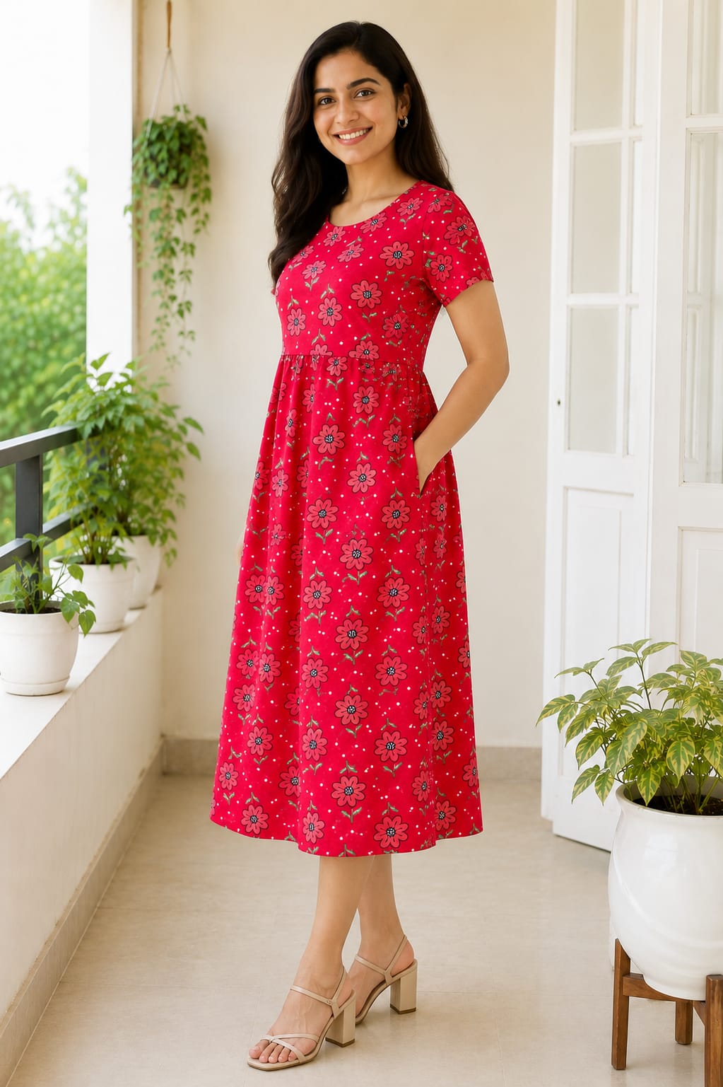 Capri Feeding Wear without Puff Sleeve RED PINK