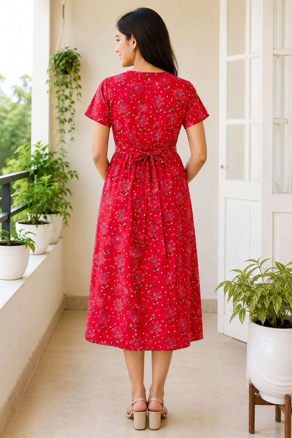 Capri Feeding Wear without Puff Sleeve RED PINK