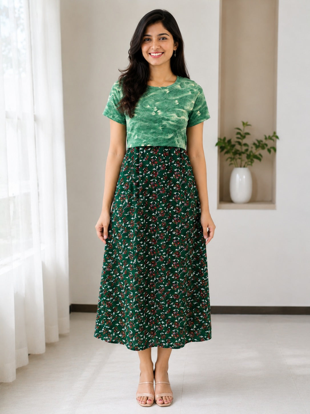Capri Feeding Wear without Puff Sleeve Olive Sage Floral