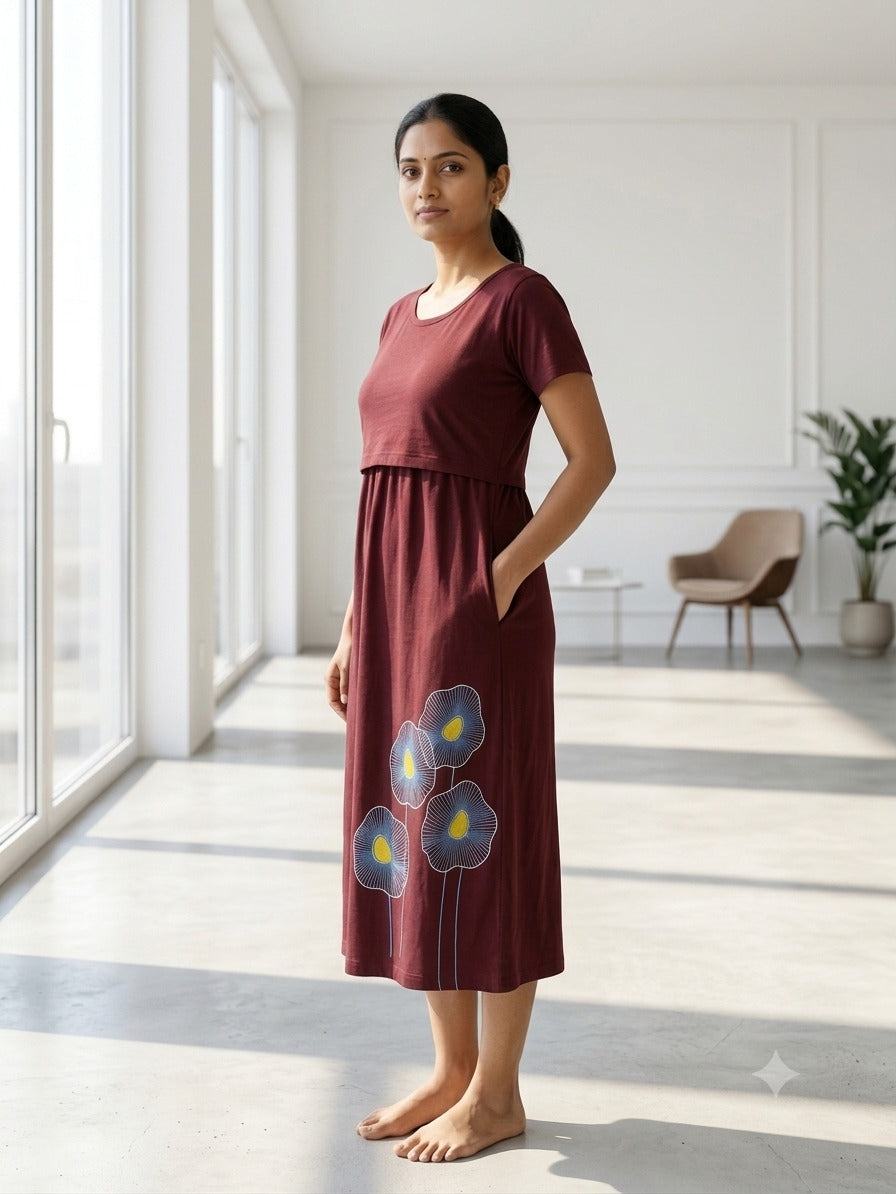 Capri Feeding Wear without Puff Sleeve Maroon petals