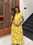 Golden petals Maxi Dress for women | Floral Cotton Maxi Dresses |B - 006