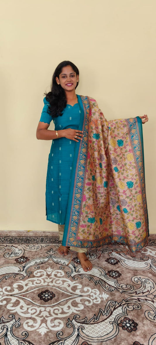 Teal Blue Kurta Set with Kalamkari Floral Dupatta 3Pcs set |G - 001