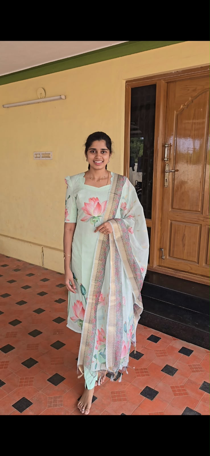 Pastel Mint Lotus Bloom  Salwar Set with Zari Border Dupatta 3 pcs set | G - 021
