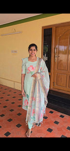 Pastel Mint Lotus Bloom  Salwar Set with Zari Border Dupatta 3 pcs set | G - 021