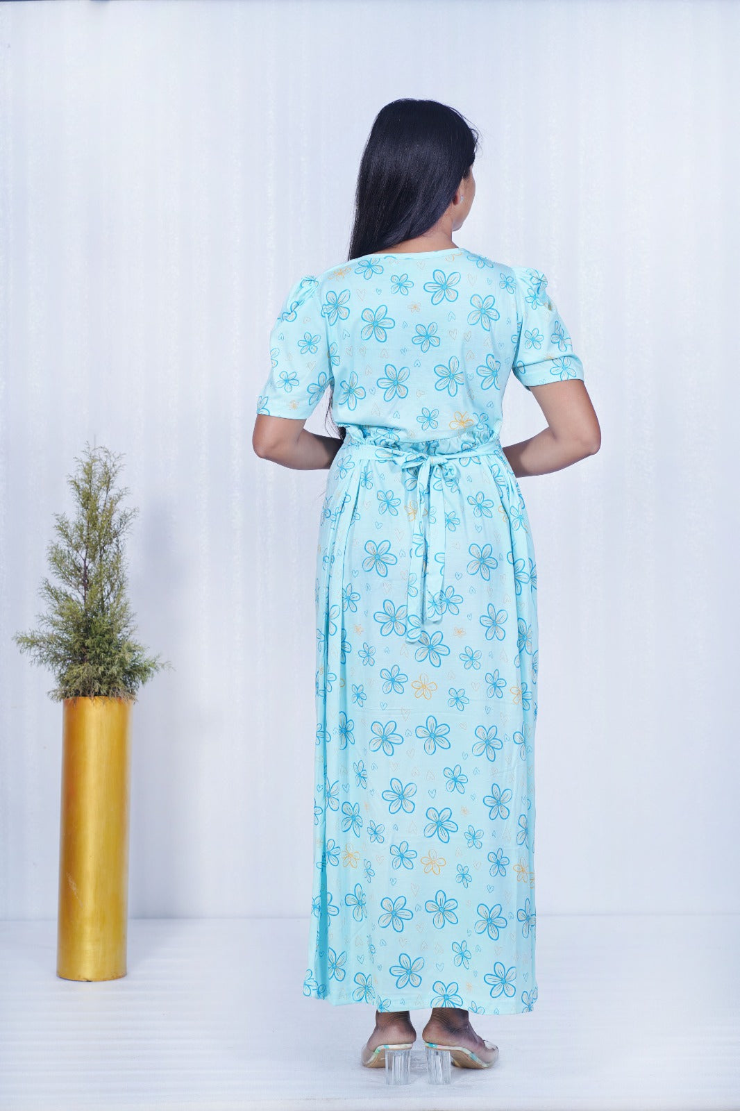 Zipless Feeding Maternity Gown S blue Yellow- Puff sleeve 52 inches