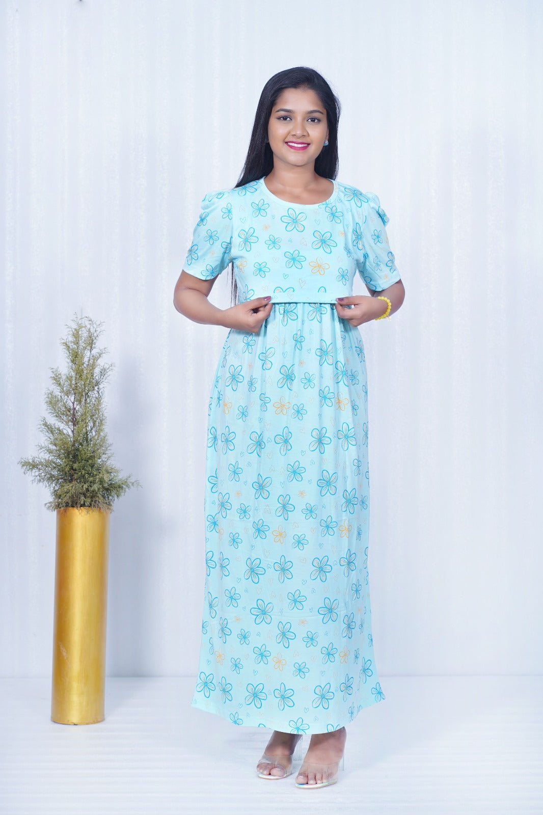 Zipless Feeding Maternity Gown S blue Yellow- Puff sleeve 52 inches