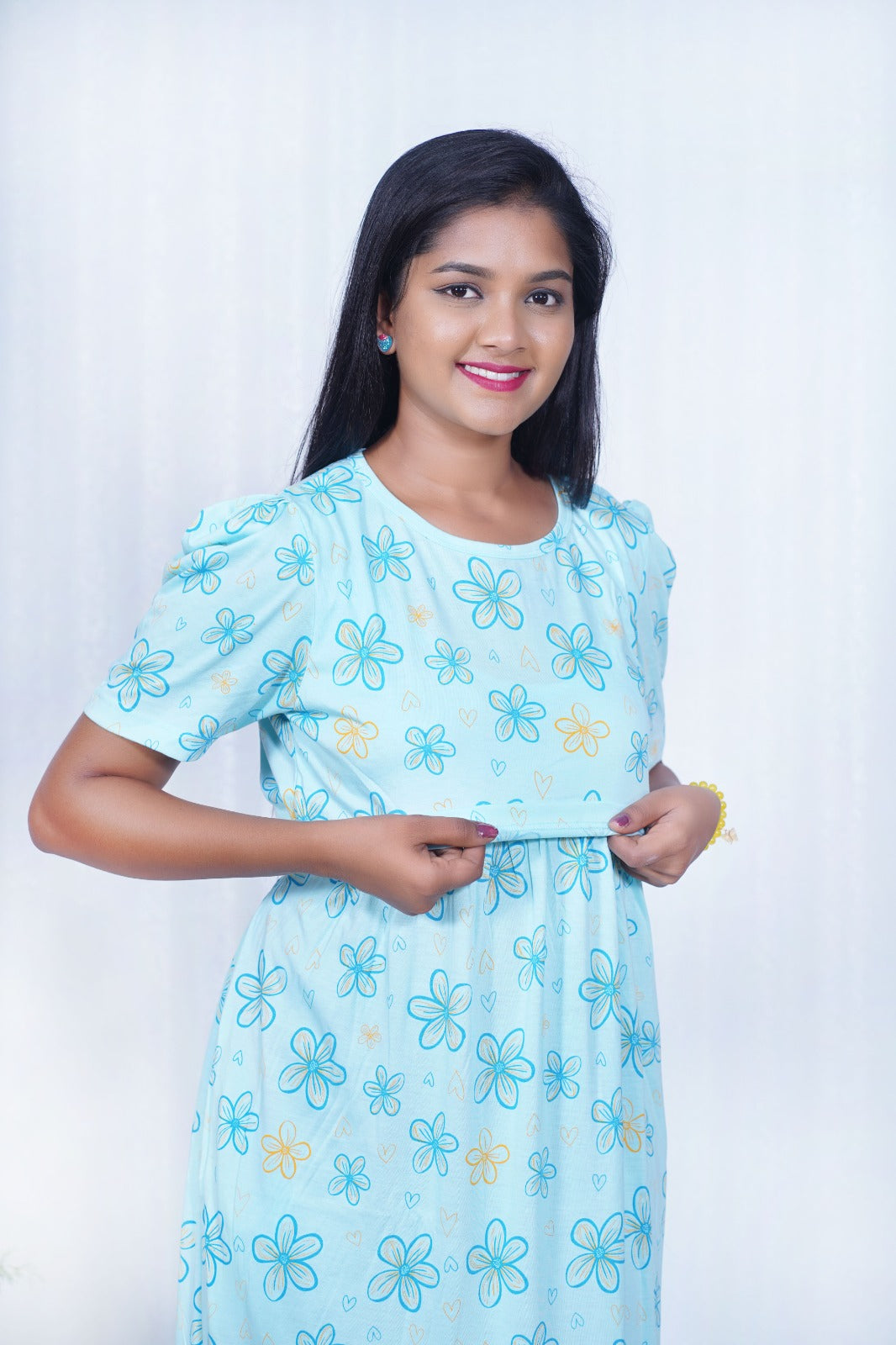 Zipless Feeding Maternity Gown S blue Yellow- Puff sleeve 52 inches