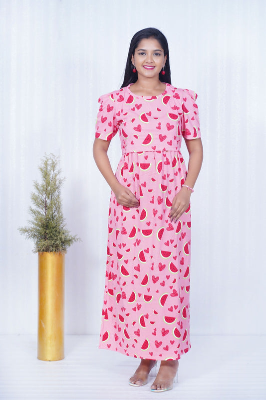 Zipless Feeding Maternity Gown- Puff sleeve 52 inches