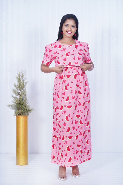 Zipless Feeding Maternity Gown- Puff sleeve 52 inches