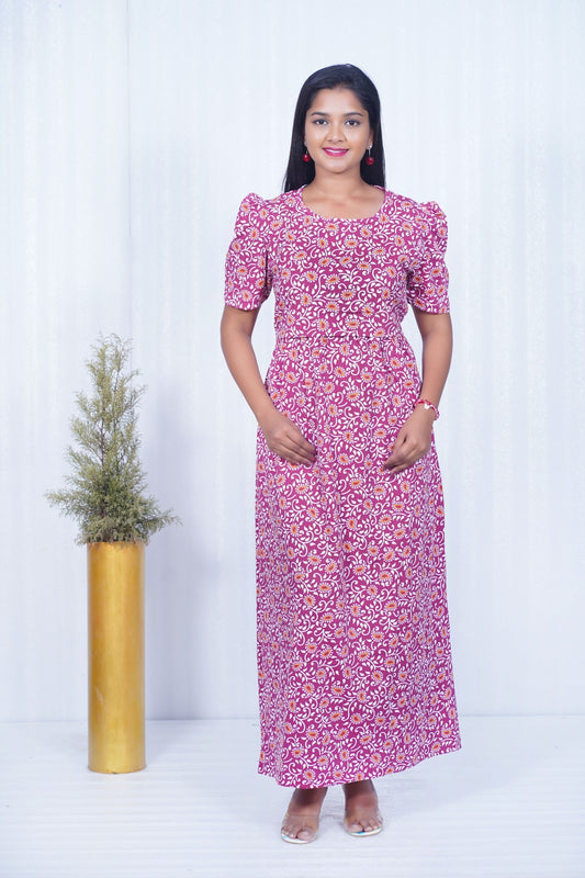 Zipless Feeding Maternity Gown- Puff sleeve 52 inches