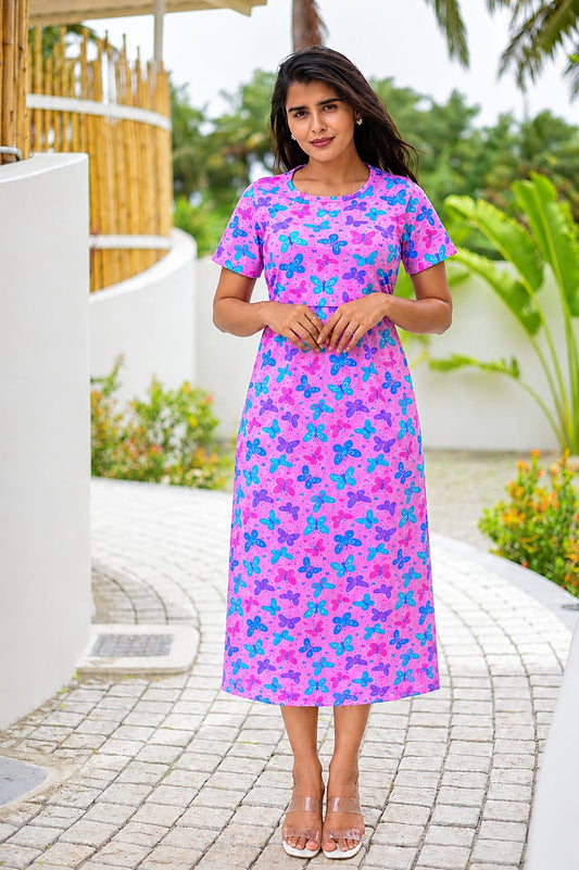 Feeding Wear with Puff Sleeve Pink Blue Butterfly 47 inches