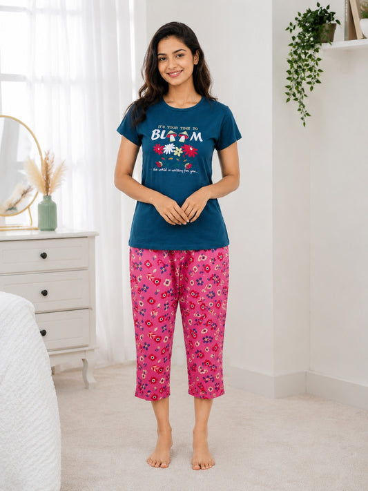 Bloom Cotton Capri Night Suit for Women | Soft Lounge Wear