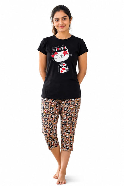 Fun Size Cat Cotton Capri Night Suit for Women | Soft Lounge Wear