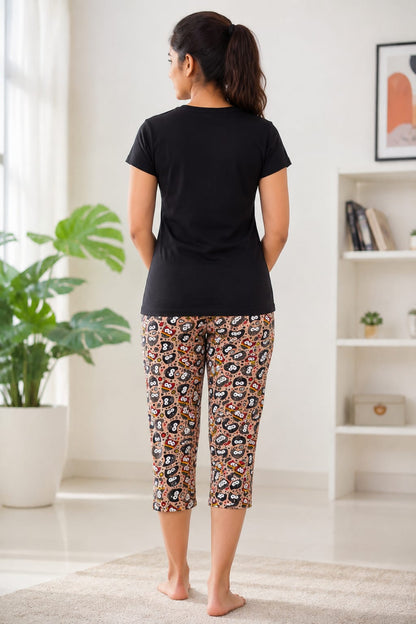 Fun Size Cat Cotton Capri Night Suit for Women | Soft Lounge Wear