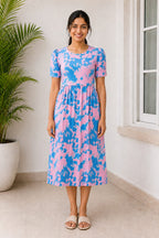 Capri Feeding Wear with Puff Sleeve Pink Blue Dyed