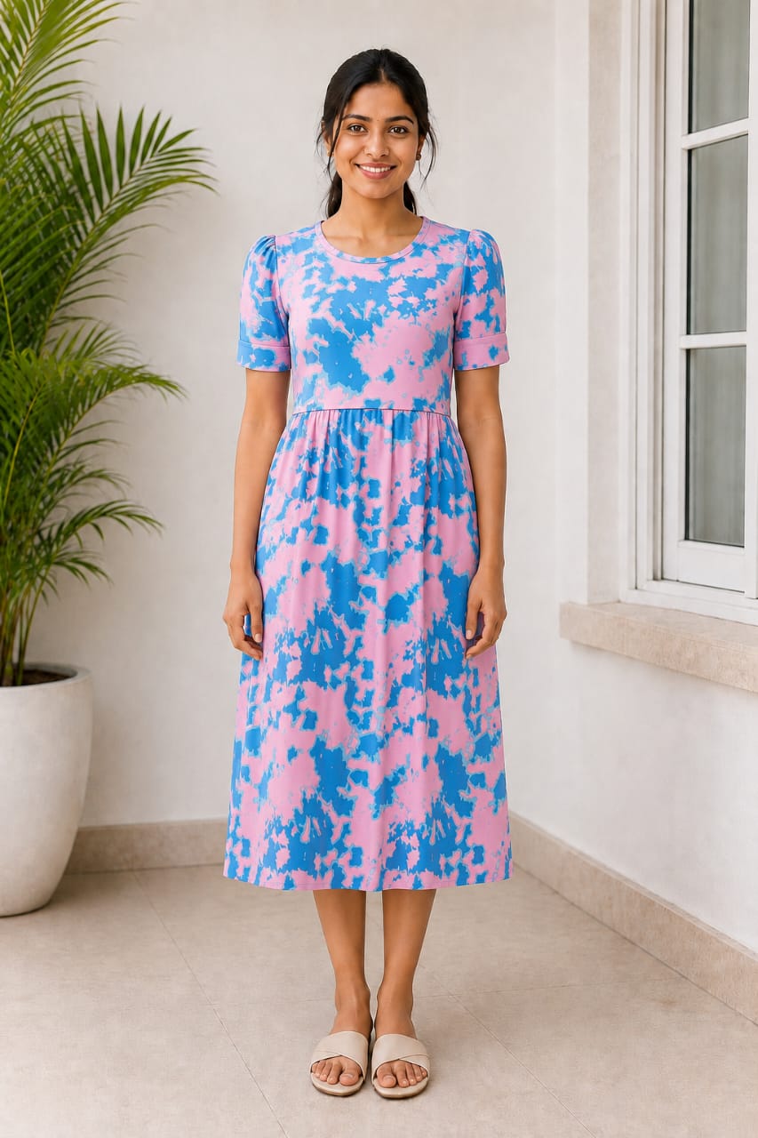 Capri Feeding Wear with Puff Sleeve Pink Blue Dyed
